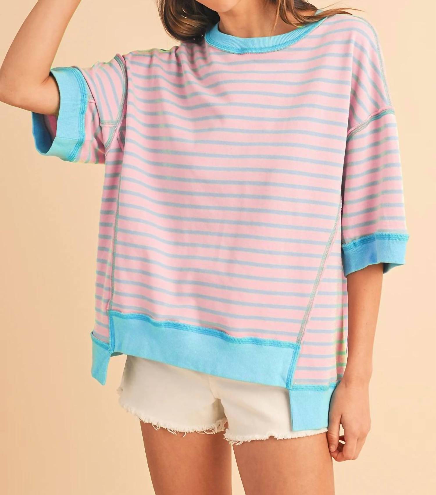 Shewin - Cotton Candy Striped Oversized Tee - blouses - blue - clothing