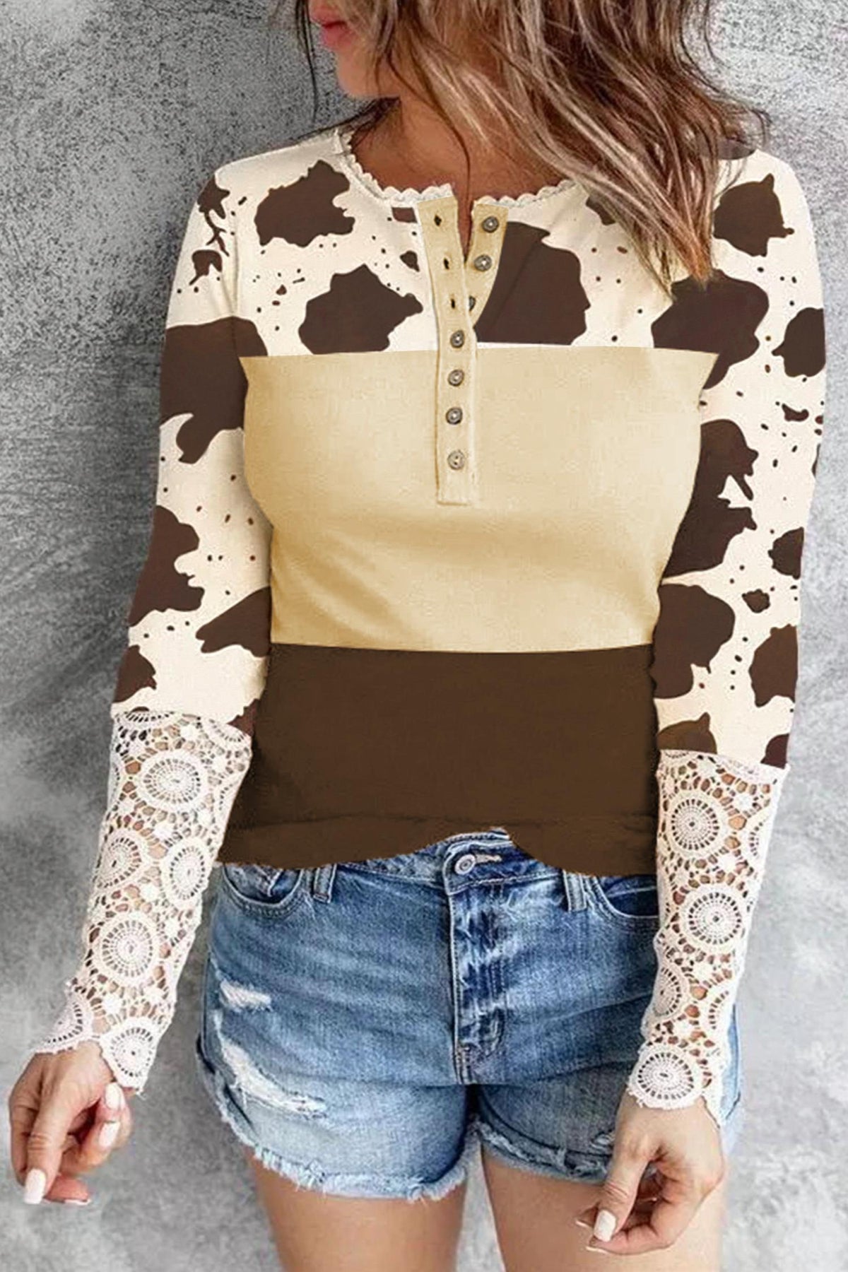 Shewin - Cow Lace Long Sleeve Top