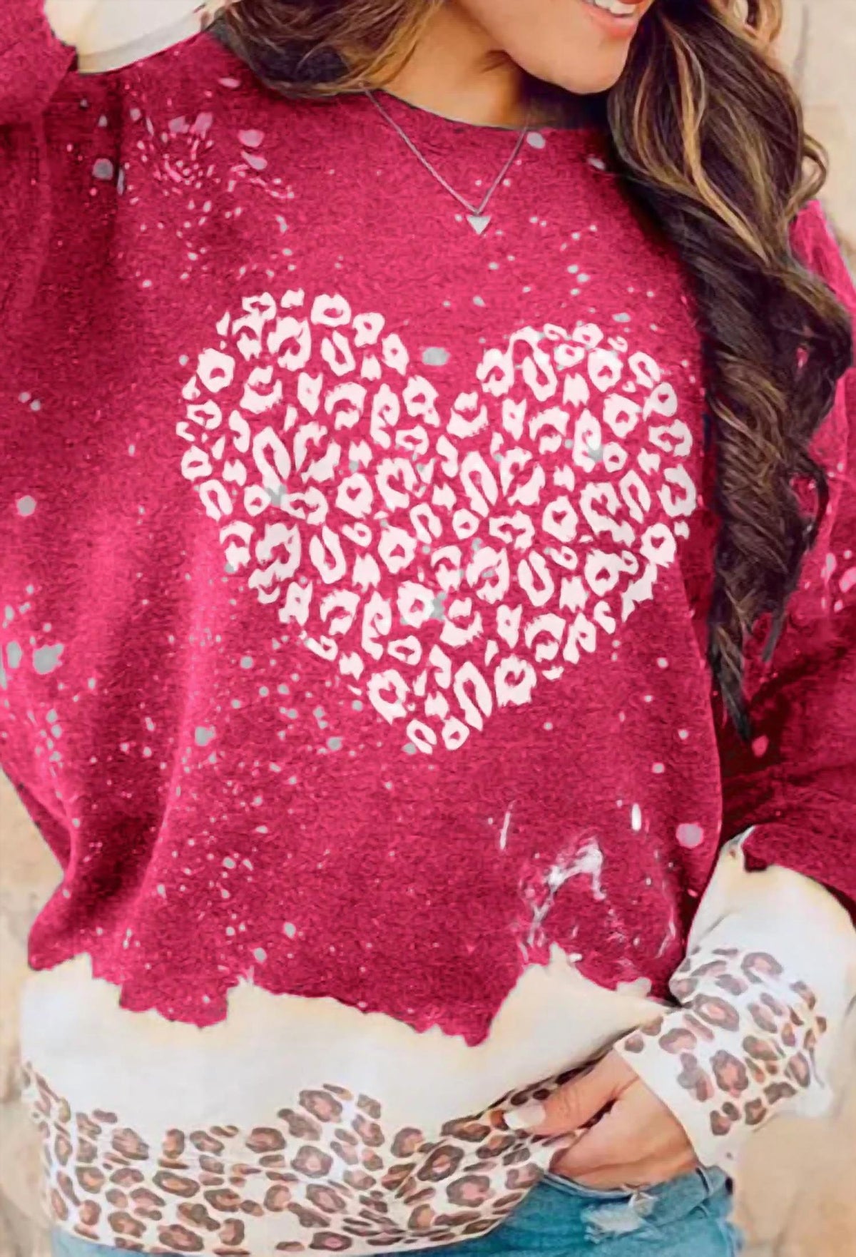 Shewin - Heart Leopard Print Sweatshirt