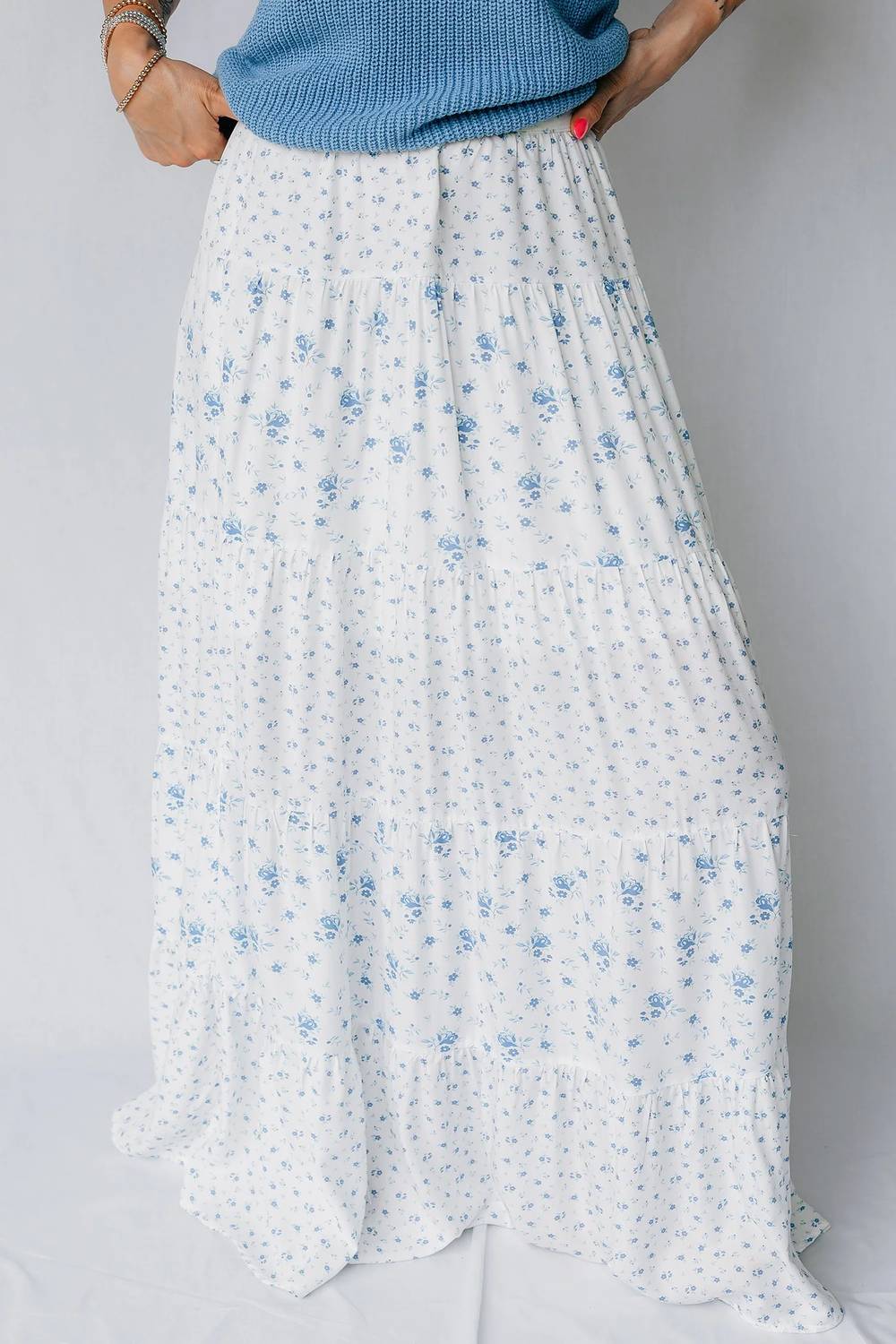 Shewin - High Waist Tiny Floral Print Boho Maxi Skirt