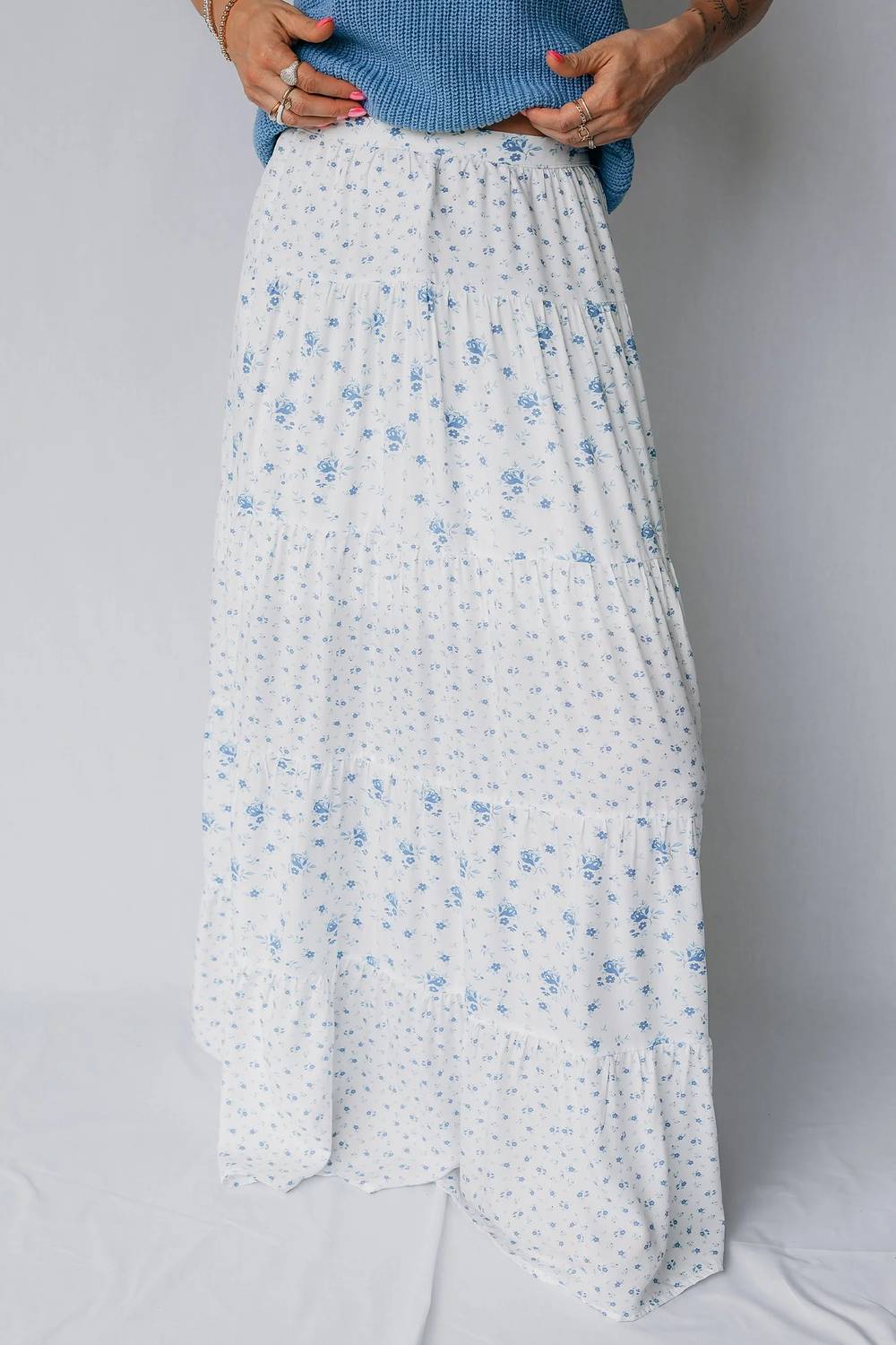 Shewin - High Waist Tiny Floral Print Boho Maxi Skirt