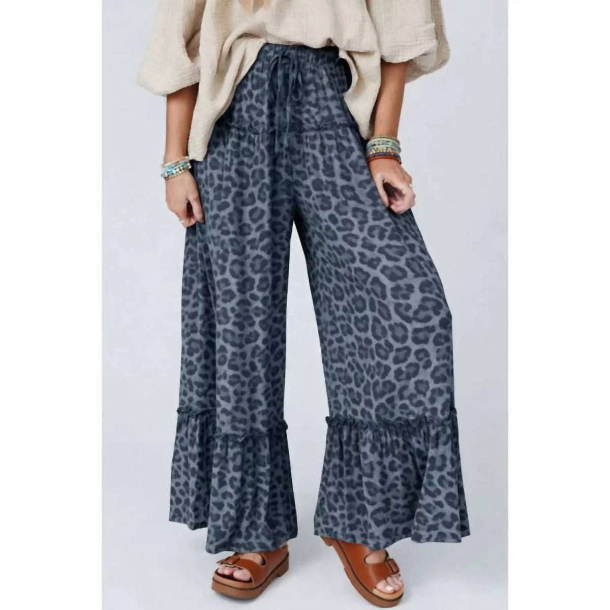 Shewin - Leopard Print Frilled Detail Drawstring Wide Leg Pants