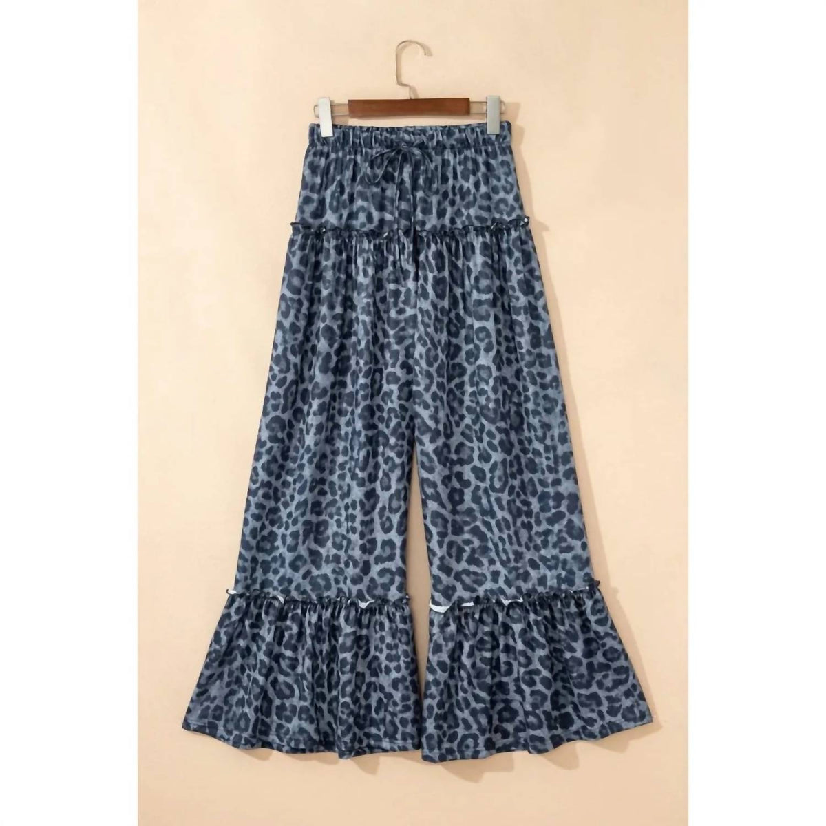 Shewin - Leopard Print Frilled Detail Drawstring Wide Leg Pants