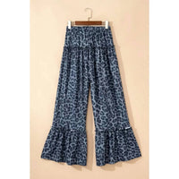 Shewin - Leopard Print Frilled Detail Drawstring Wide Leg Pants