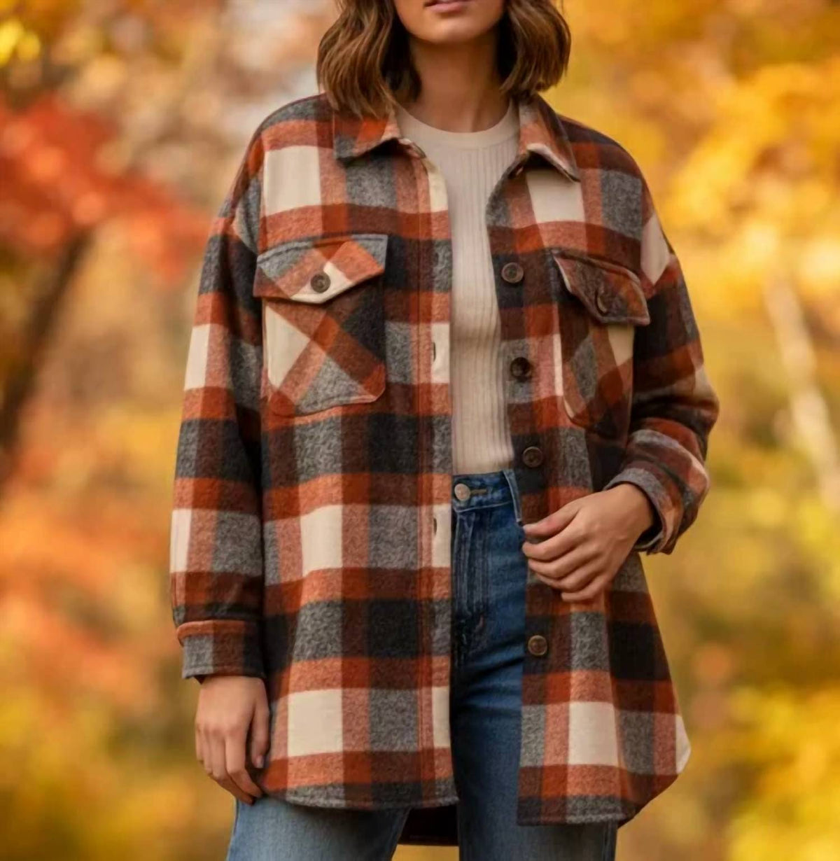 Shewin - Long Sleeve Plaid Shacket
