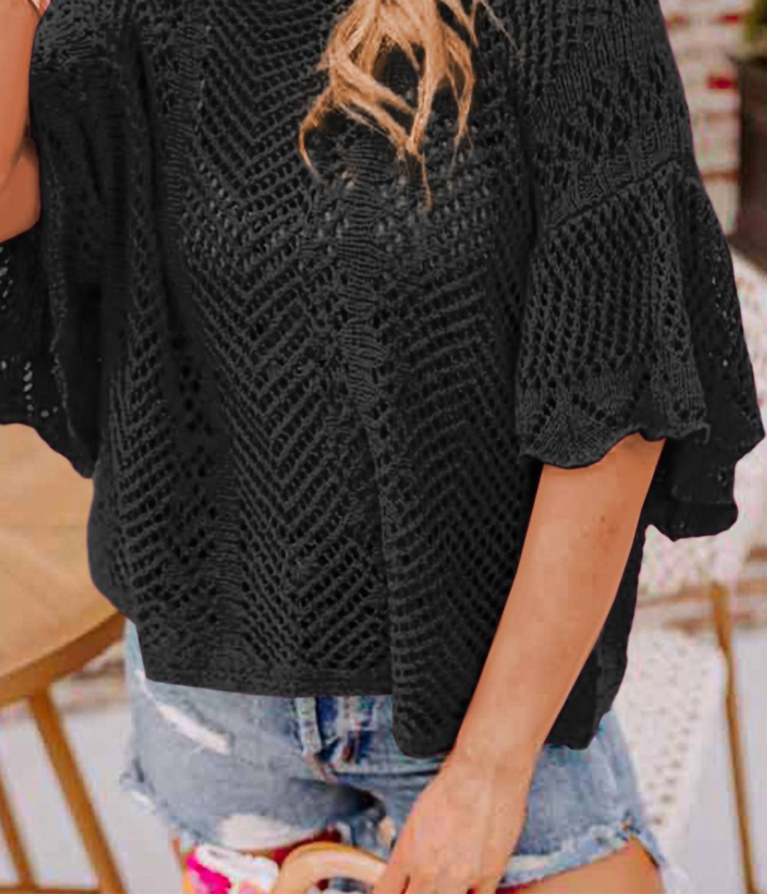 Shewin - Pointelle Knit Oversized Top - acrylic - black - blouses