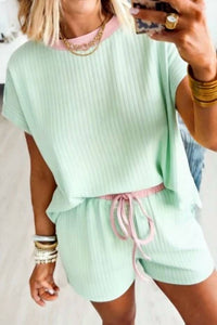 Shewin - Soft Ribbed Color Block Trim Casual Short Set