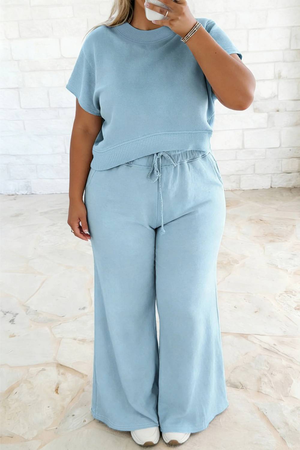 Shewin - Solid Ribbed Trim Short Sleeve Top Drawstring Pants Sets