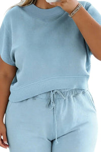 Shewin - Solid Ribbed Trim Short Sleeve Top Drawstring Pants Sets