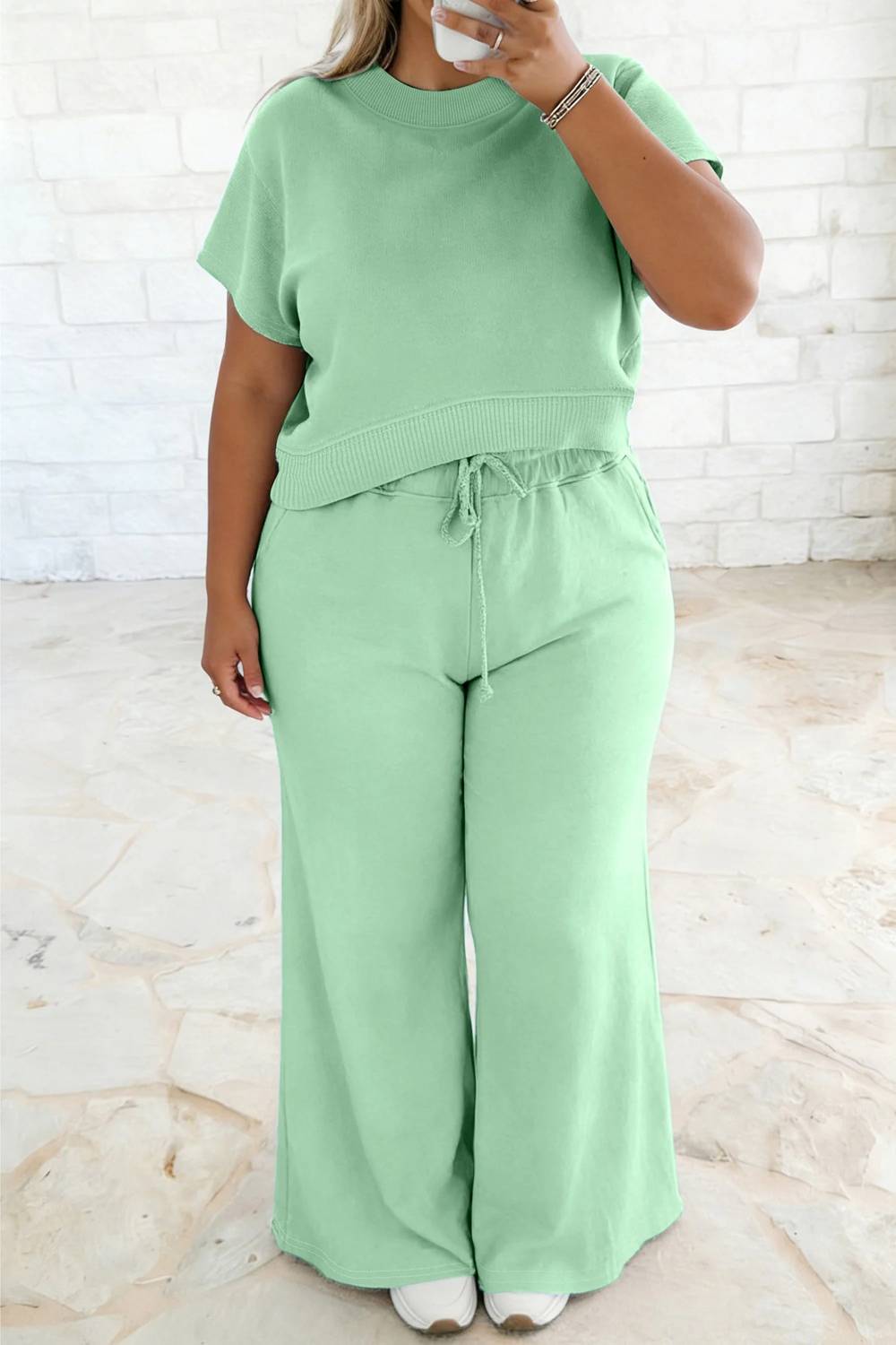 Shewin - Solid Ribbed Trim Short Sleeve Top Drawstring Pants Sets