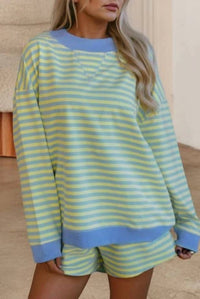 Shewin - Stripe Colorblock Pullover And Shorts Set