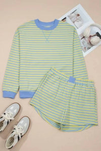 Shewin - Stripe Colorblock Pullover And Shorts Set
