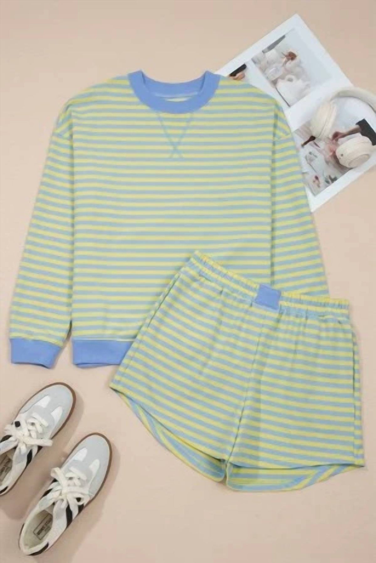 Shewin - Stripe Colorblock Pullover And Shorts Set