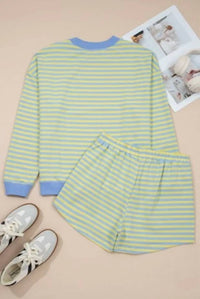 Shewin - Stripe Colorblock Pullover And Shorts Set