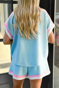 Shewin - Striped Trim Casual Tee And Drawstring Shorts Set