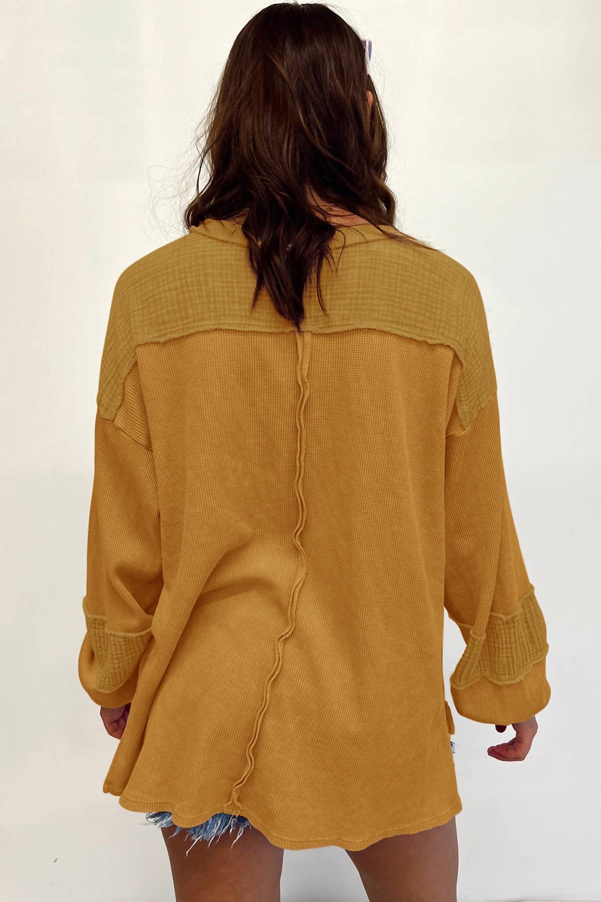 Shewin - Waffle Crinkle Patchwork Long Sleeve Top