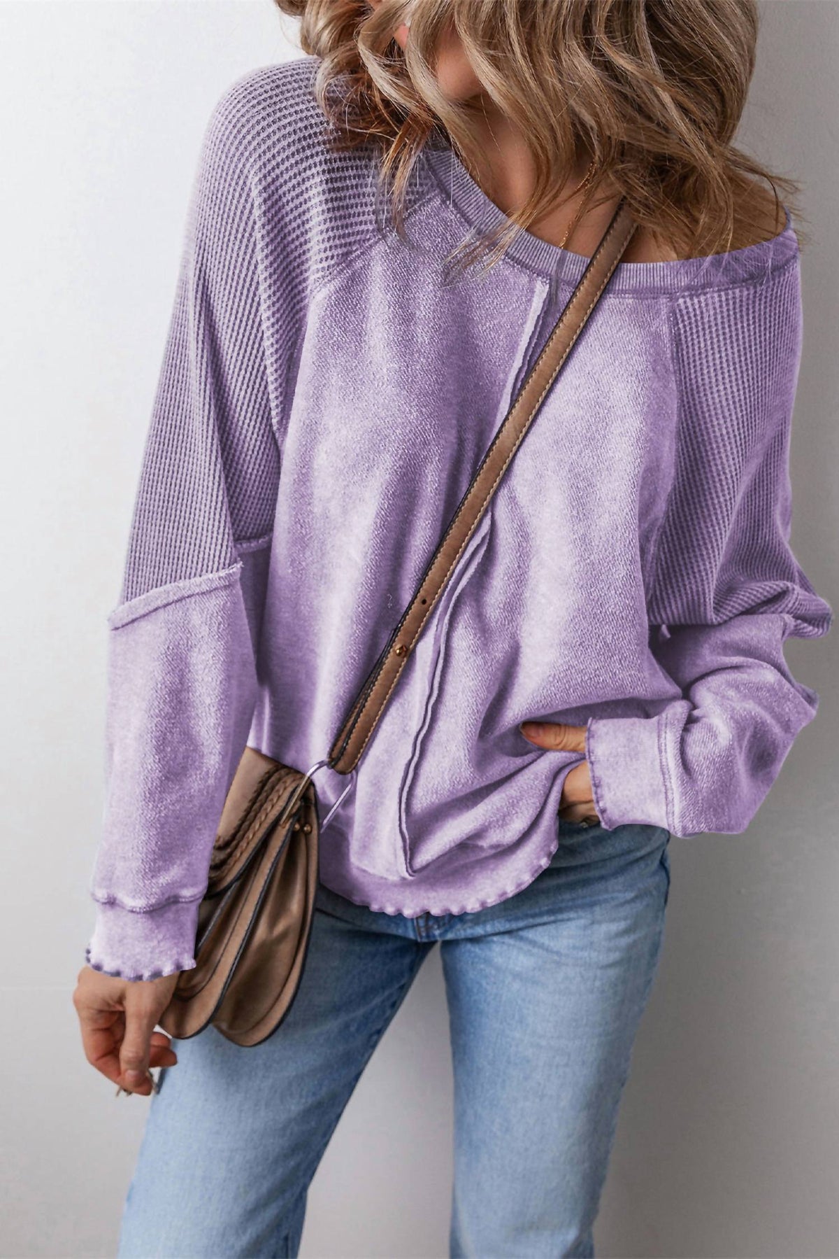 Shewin - Waffle Patchwork Raglan Sleeve Exposed Seam Sweatshirt