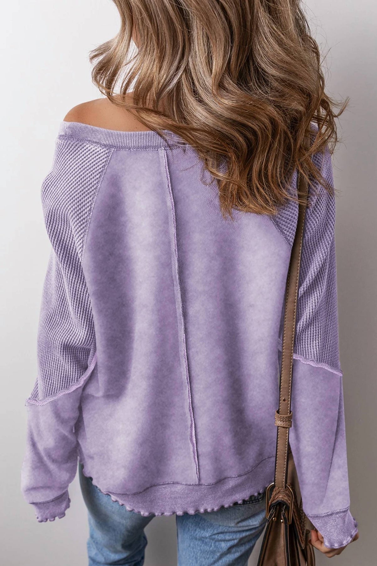 Shewin - Waffle Patchwork Raglan Sleeve Exposed Seam Sweatshirt