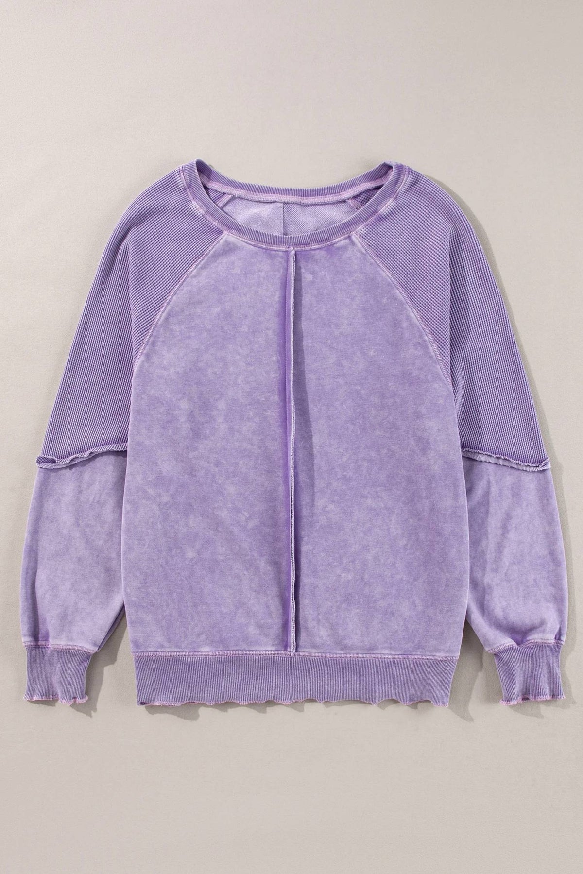 Shewin - Waffle Patchwork Raglan Sleeve Exposed Seam Sweatshirt