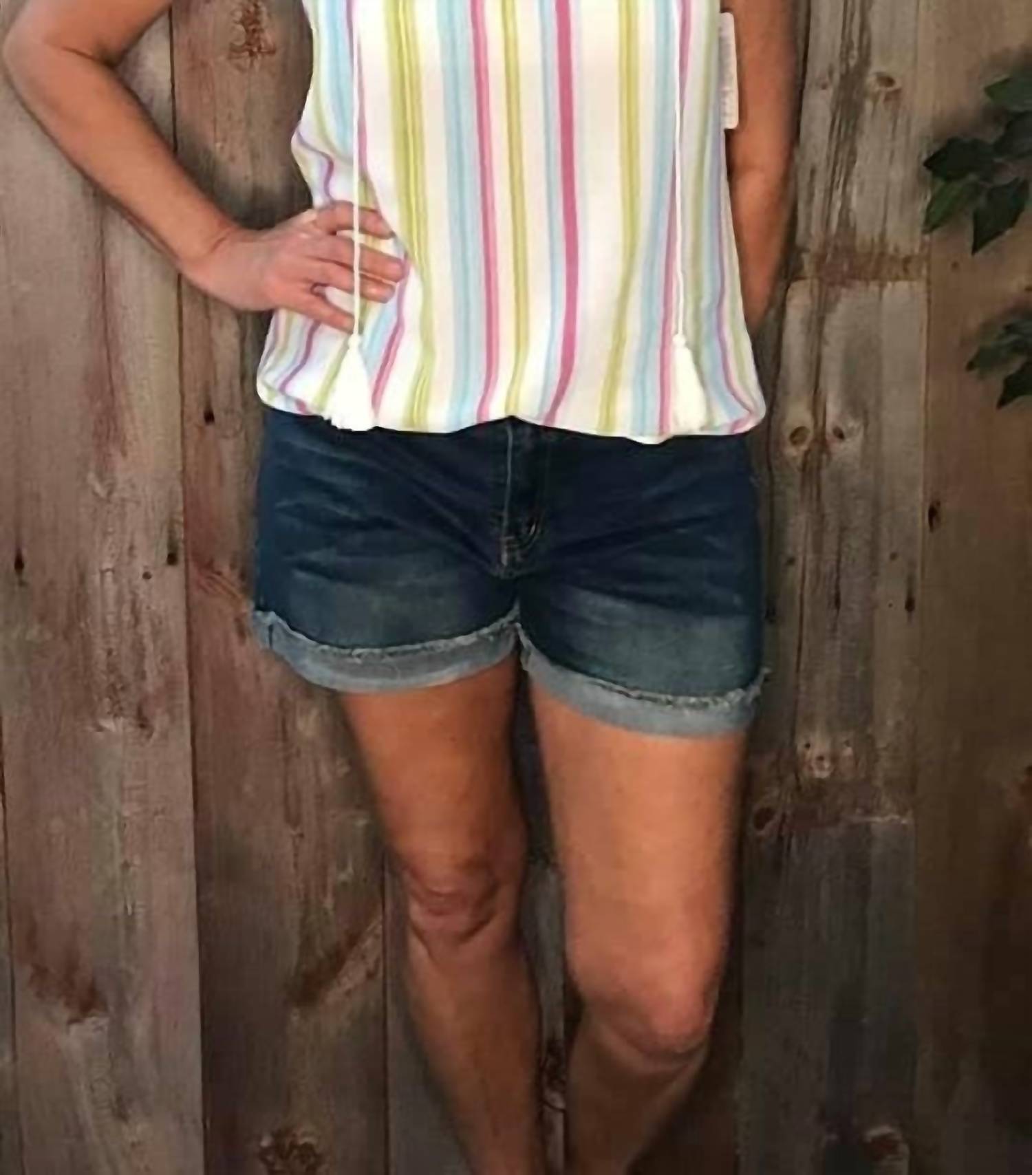 Shirley Stone - Dark Wash Mid - Rise Denim Shorts - blue - clothing - cotton - blend