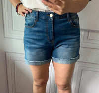 Shirley Stone - Dark Wash Mid - Rise Denim Shorts - blue - clothing - cotton - blend