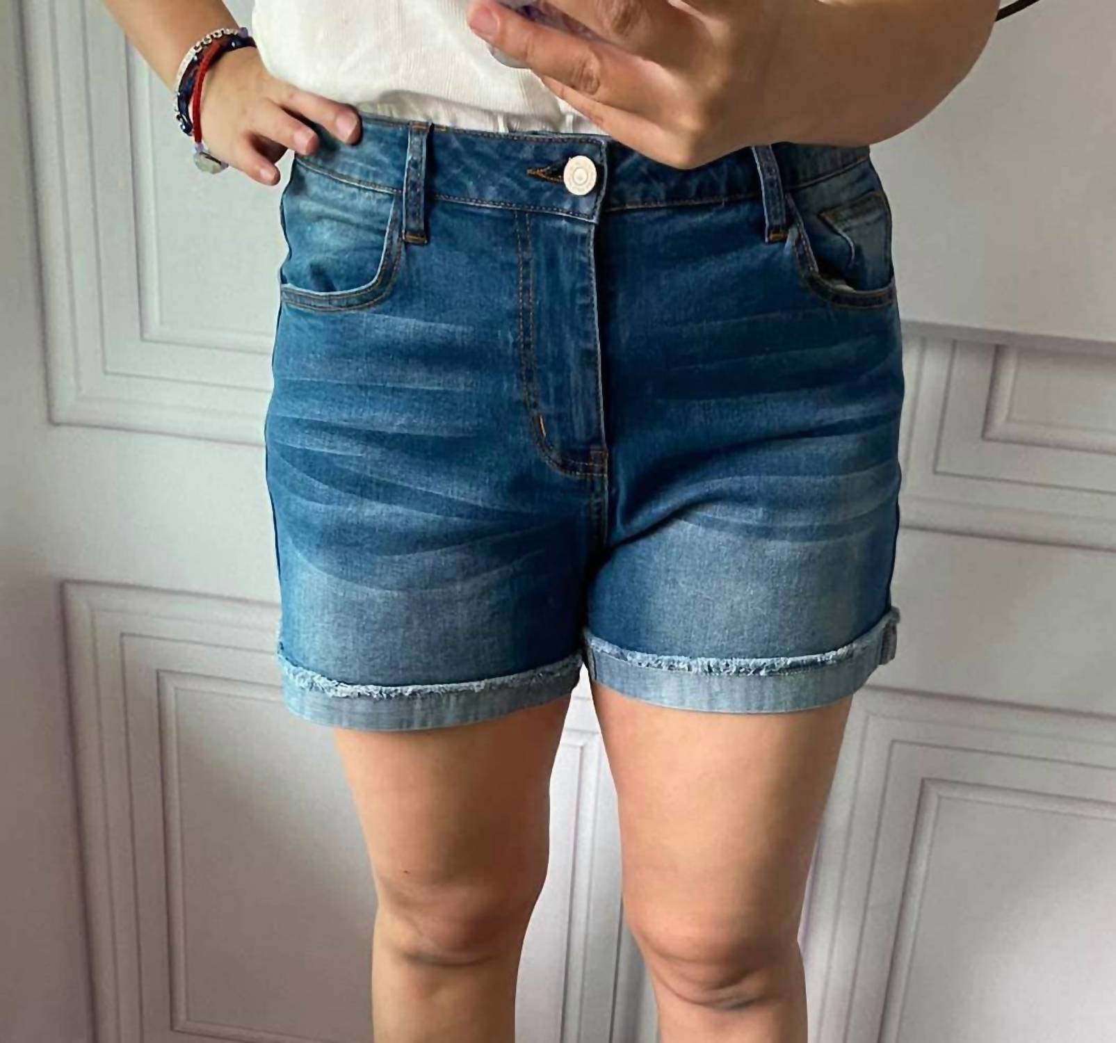 Shirley Stone - Dark Wash Mid - Rise Denim Shorts - blue - clothing - cotton - blend