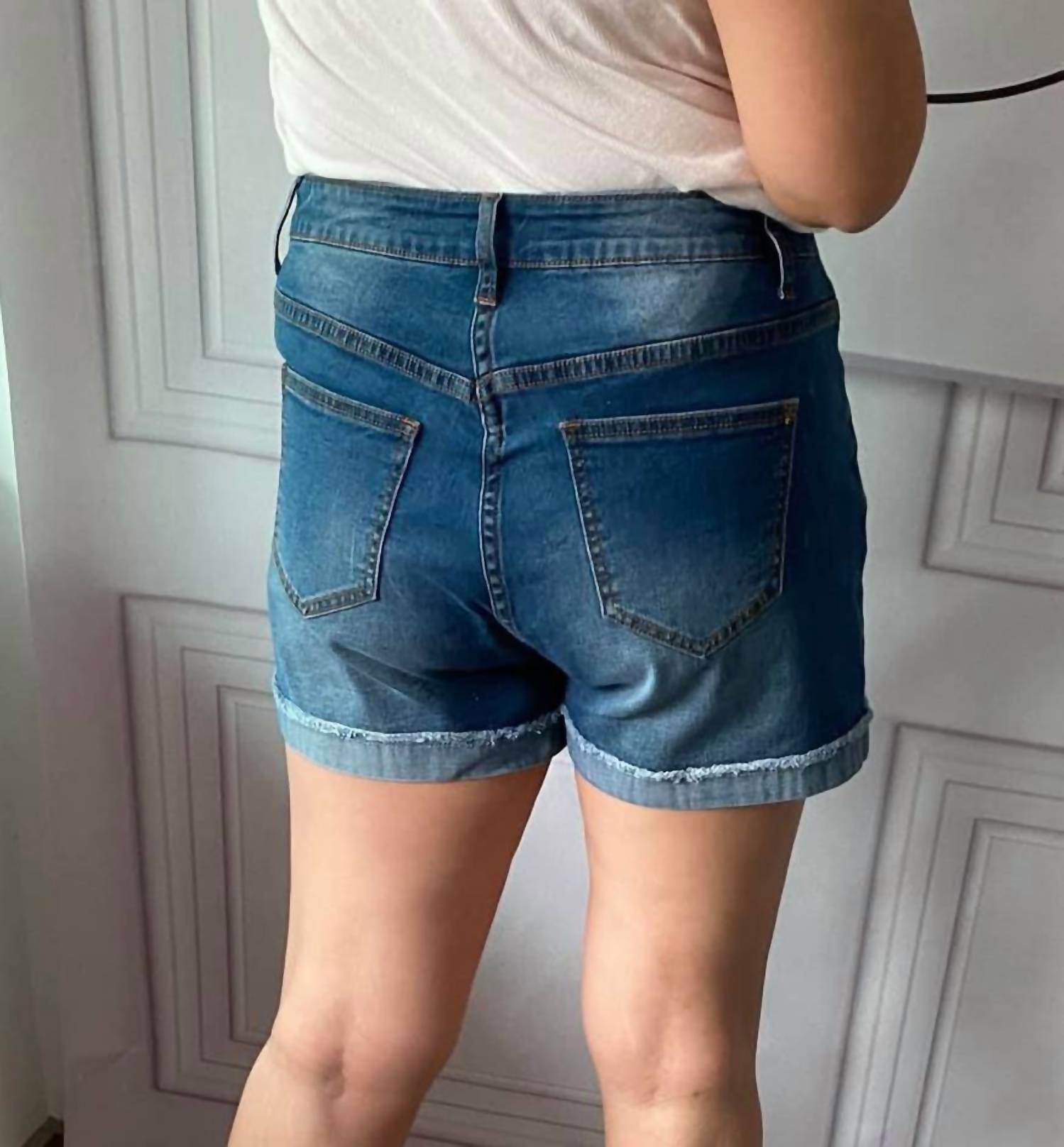 Shirley Stone - Dark Wash Mid - Rise Denim Shorts - blue - clothing - cotton - blend