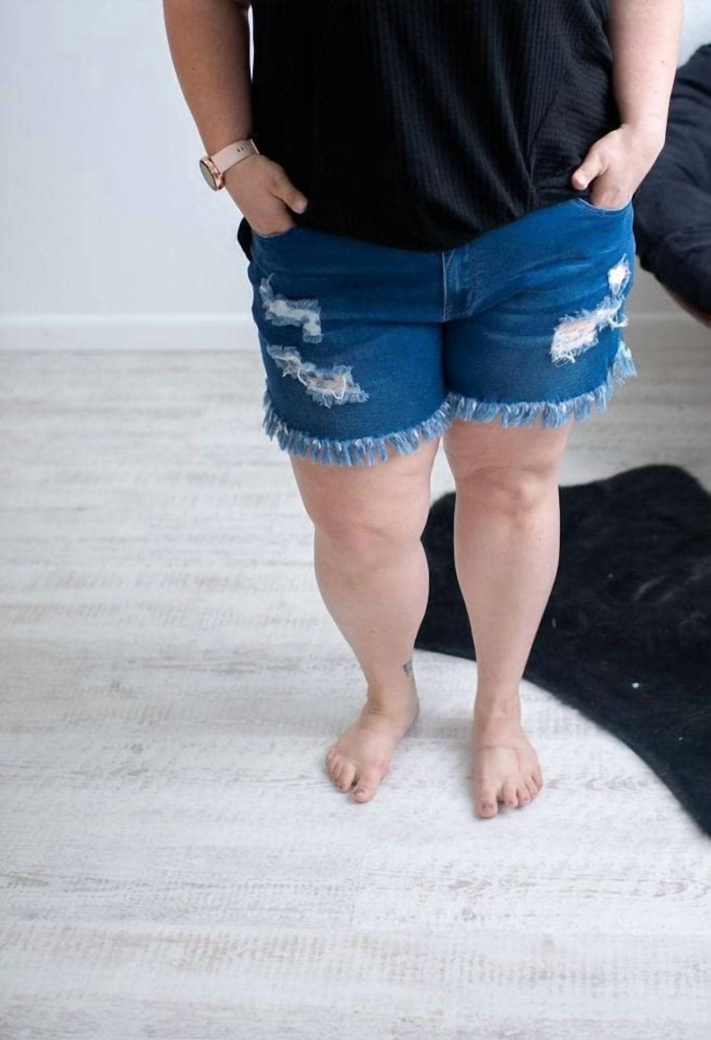 Shirley Stone - Distressed Mid - Rise Dark Wash Denim Shorts - blue - clothing - cotton - blend
