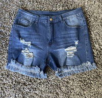 Shirley Stone - Distressed Mid - Rise Dark Wash Denim Shorts - blue - clothing - cotton - blend