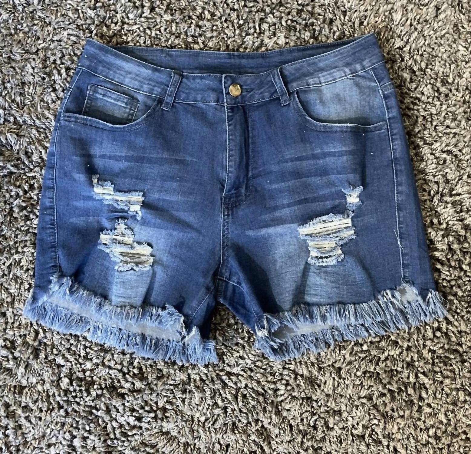 Shirley Stone - Distressed Mid - Rise Dark Wash Denim Shorts - blue - clothing - cotton - blend