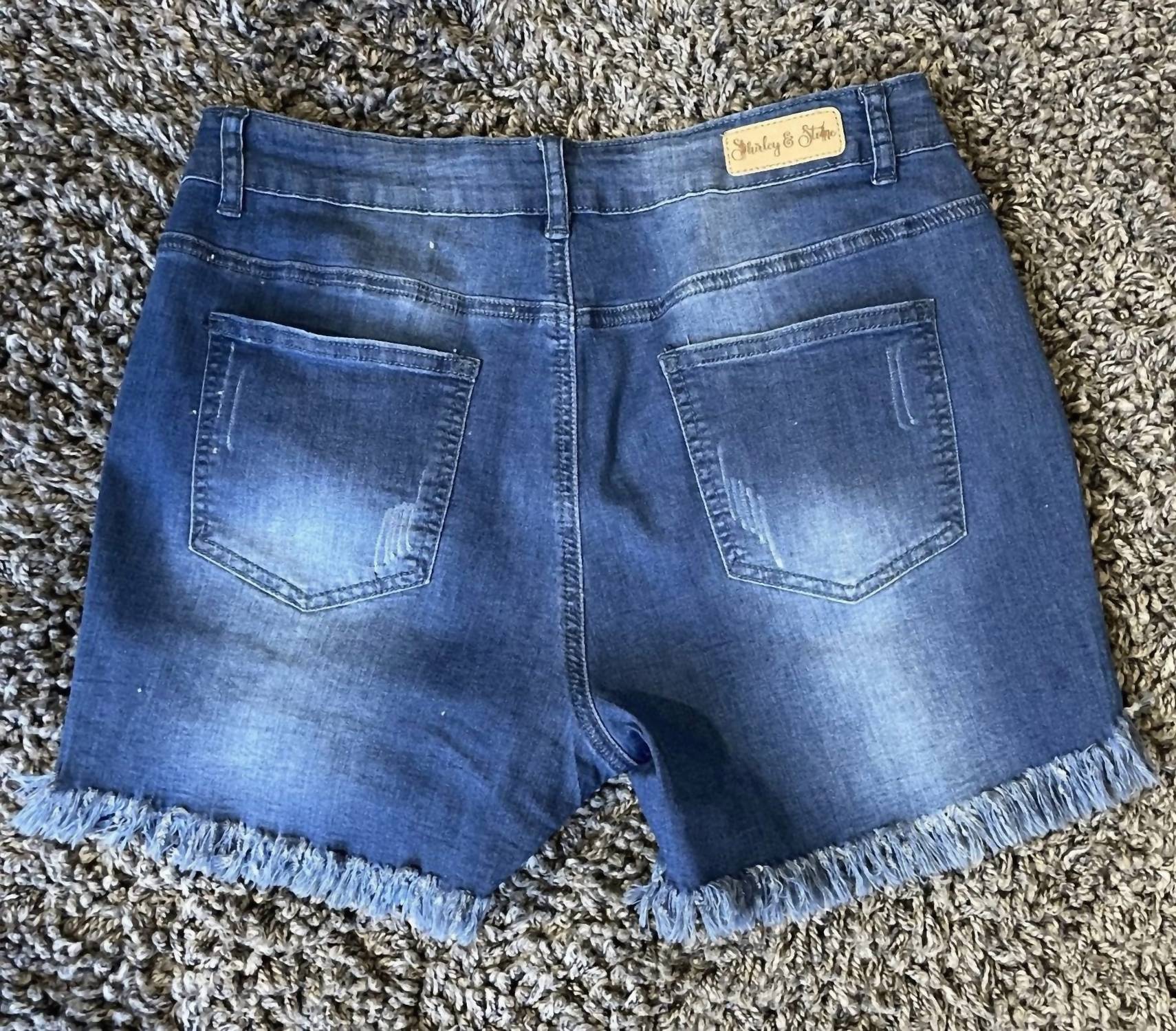 Shirley Stone - Distressed Mid - Rise Dark Wash Denim Shorts - blue - clothing - cotton - blend