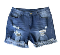 Shirley Stone - Distressed Mid - Rise Dark Wash Denim Shorts - blue - clothing - cotton - blend