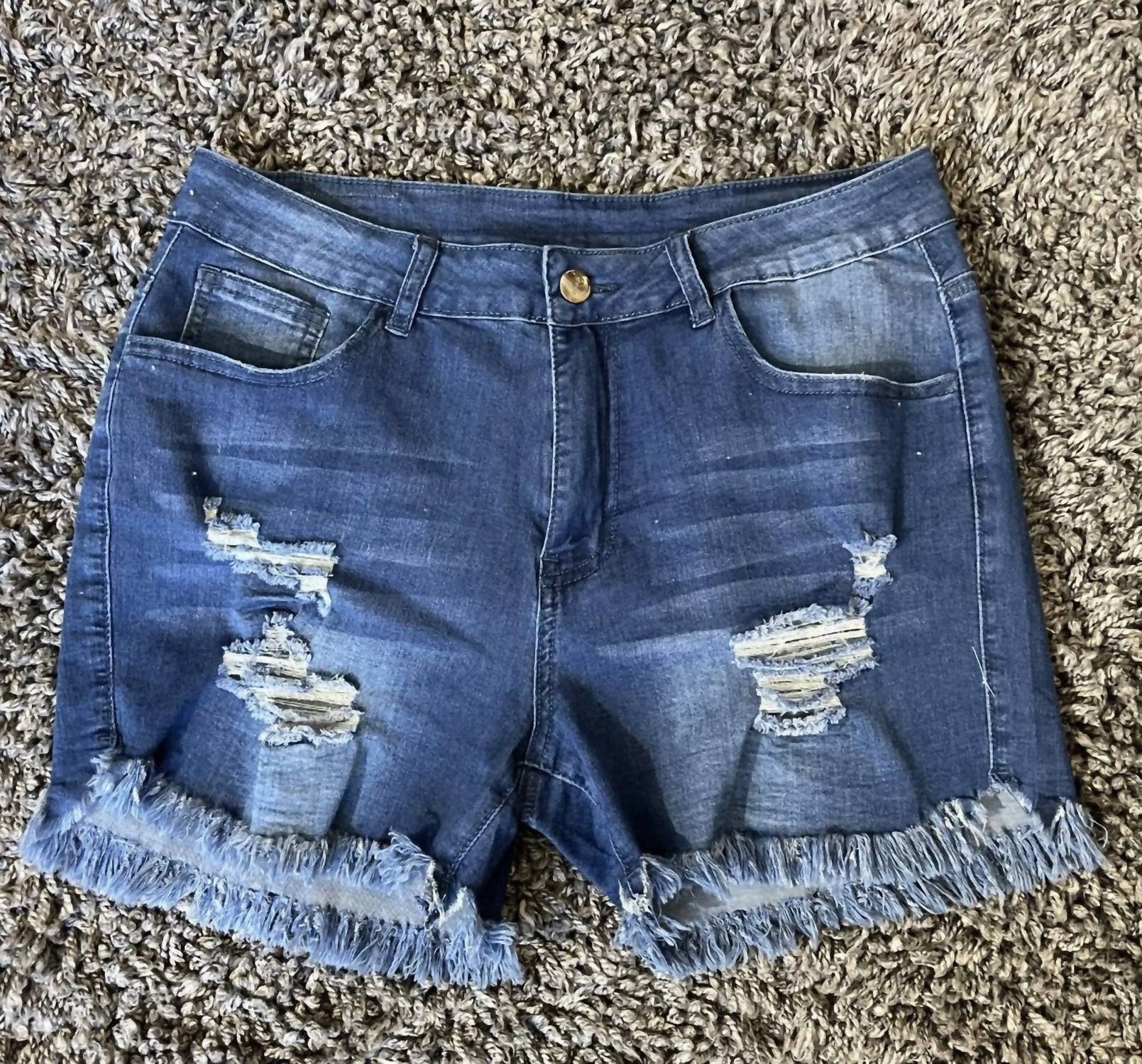 Shirley Stone - Distressed Mid - Rise Dark Wash Denim Shorts - blue - clothing - cotton - blend