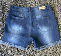 Shirley Stone - Distressed Mid - Rise Dark Wash Denim Shorts - blue - clothing - cotton - blend