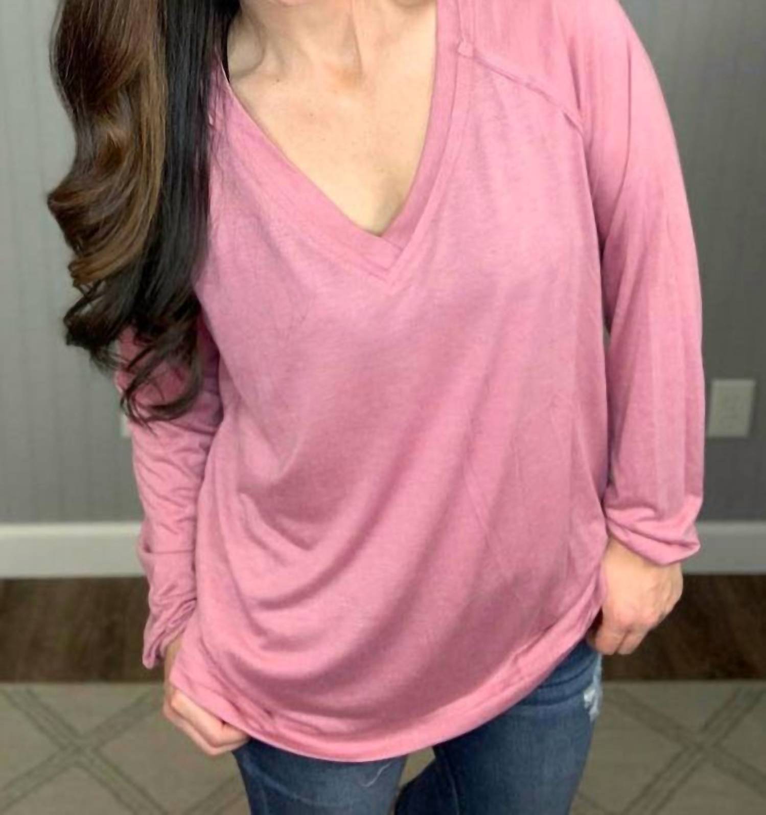 Shirley Stone - Solid V - neck Top - blouses - clothing - pink