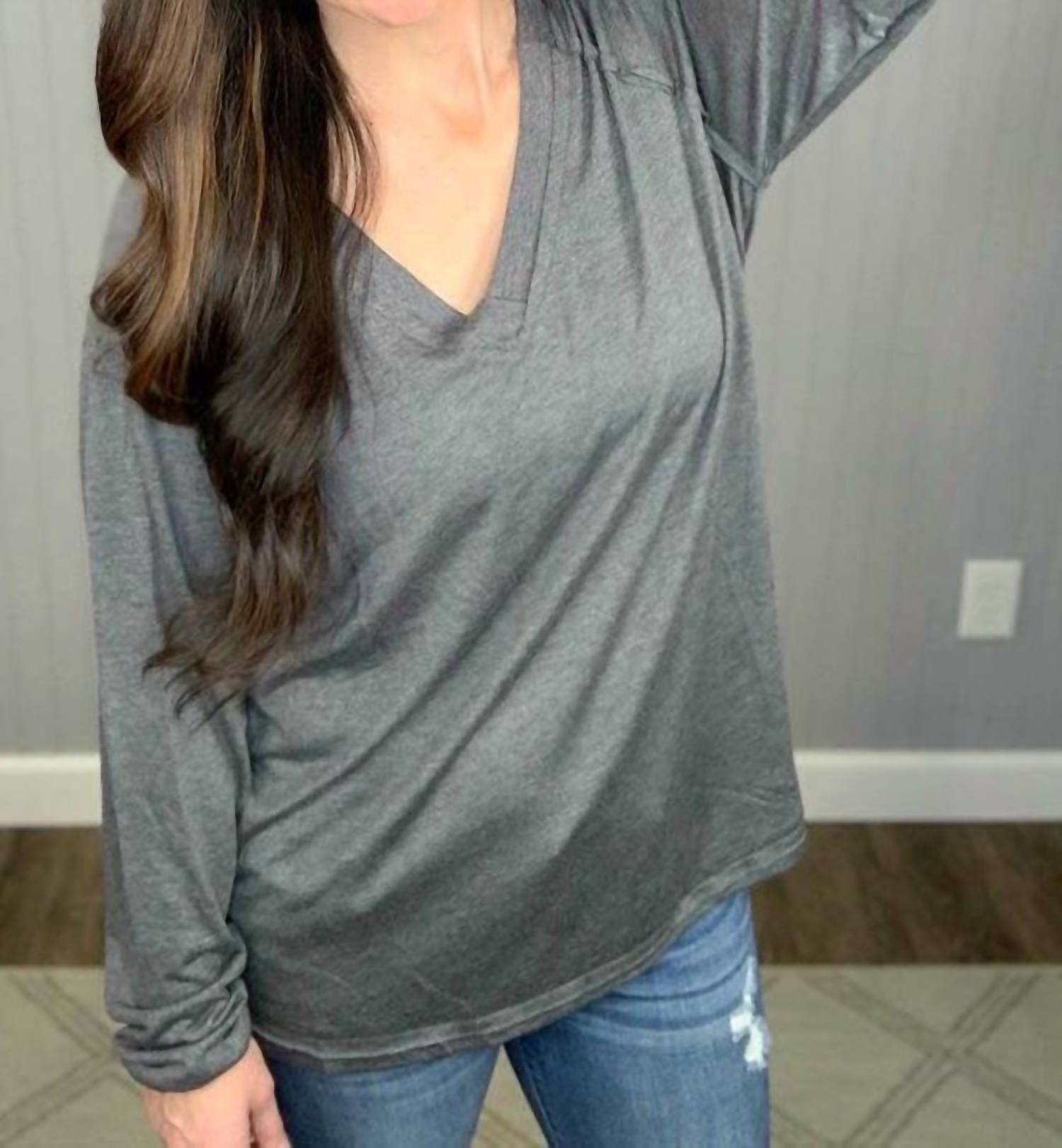 Shirley Stone - Solid V - neck Top - blouses - clothing - grey