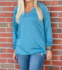 Shirley Stone - Solid V - neck Top - blouses - blue - clothing
