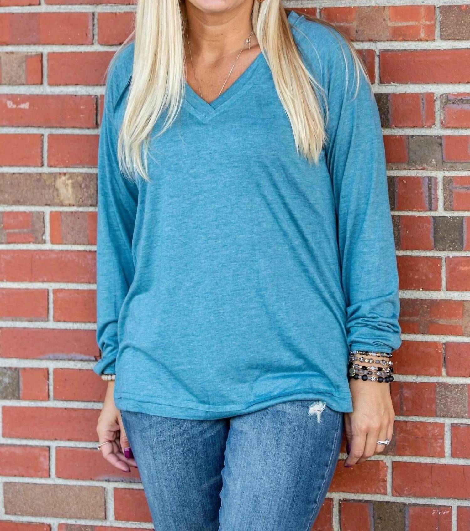 Shirley Stone - Solid V - neck Top - blouses - blue - clothing