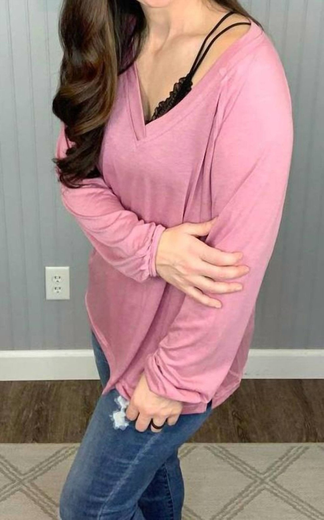 Shirley Stone - Solid V - neck Top - blouses - clothing - pink