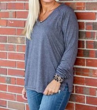 Shirley Stone - Solid V - neck Top - blouses - clothing - grey