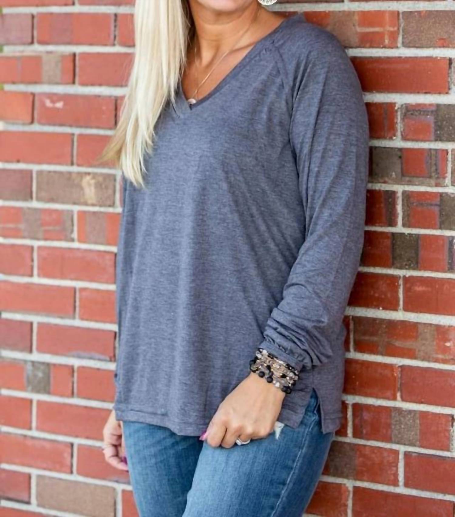 Shirley Stone - Solid V - neck Top - blouses - clothing - grey