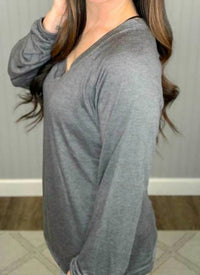 Shirley Stone - Solid V - neck Top - blouses - clothing - grey