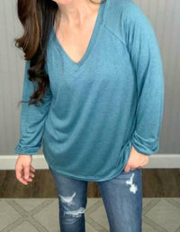 Shirley Stone - Solid V - neck Top - blouses - blue - clothing