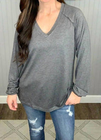 Shirley Stone - Solid V - neck Top - blouses - clothing - grey