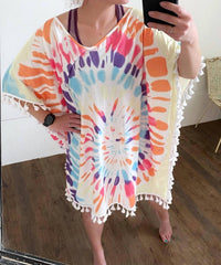 Shirley Stone - Tie Dye Fringe Caftan Top - blue - clothing - dresses