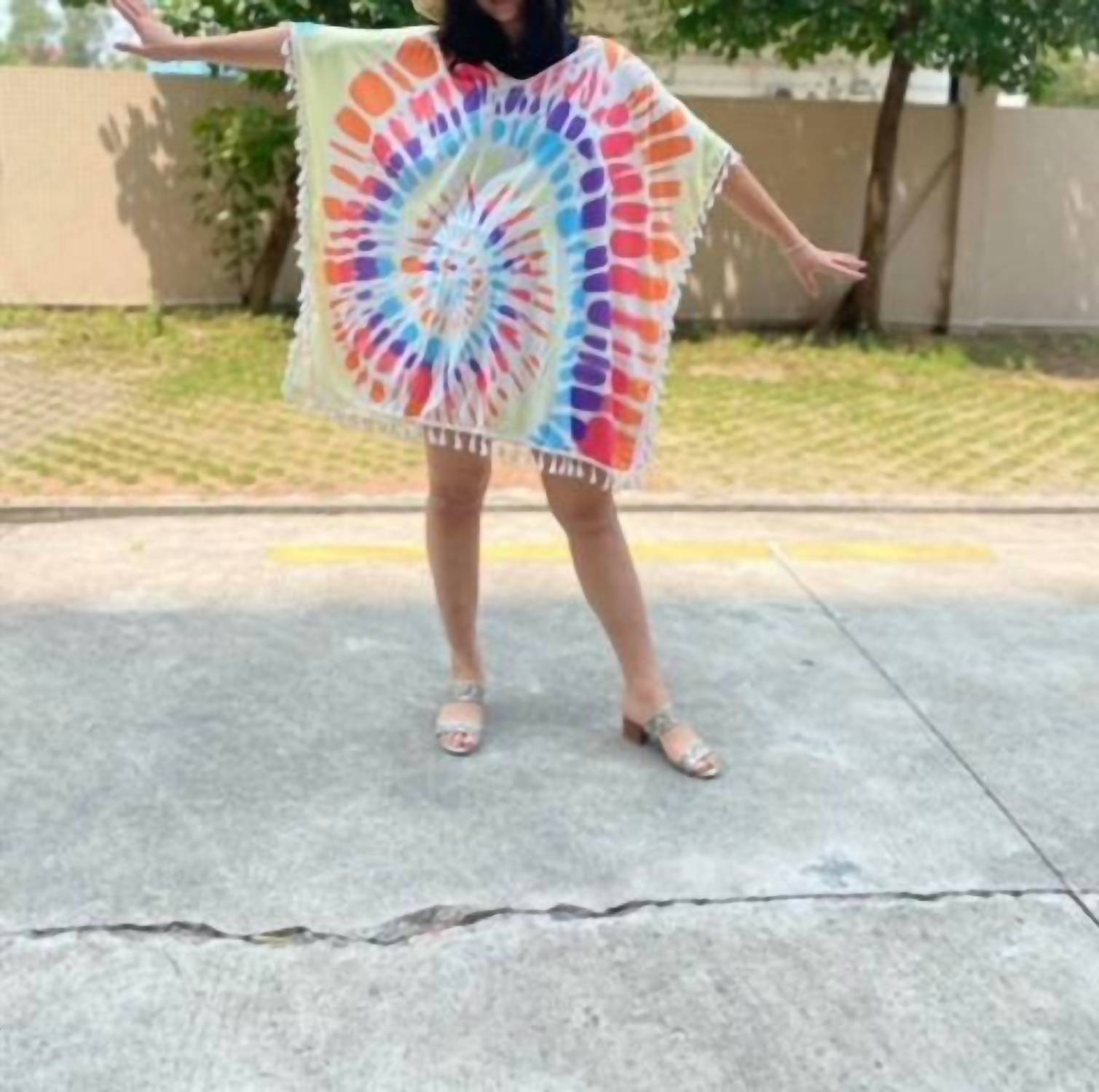 Shirley Stone - Tie Dye Fringe Caftan Top - blue - clothing - dresses