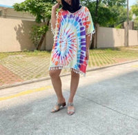Shirley Stone - Tie Dye Fringe Caftan Top - blue - clothing - dresses