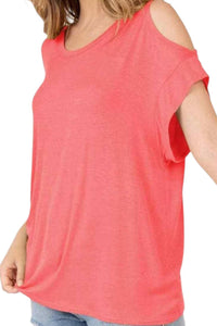 Shop Basic - Cold Shoulder Rolled Short Sleeve Round Neck Top With Side Slits - clothing - pink - rayon