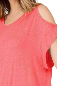 Shop Basic - Cold Shoulder Rolled Short Sleeve Round Neck Top With Side Slits - clothing - pink - rayon