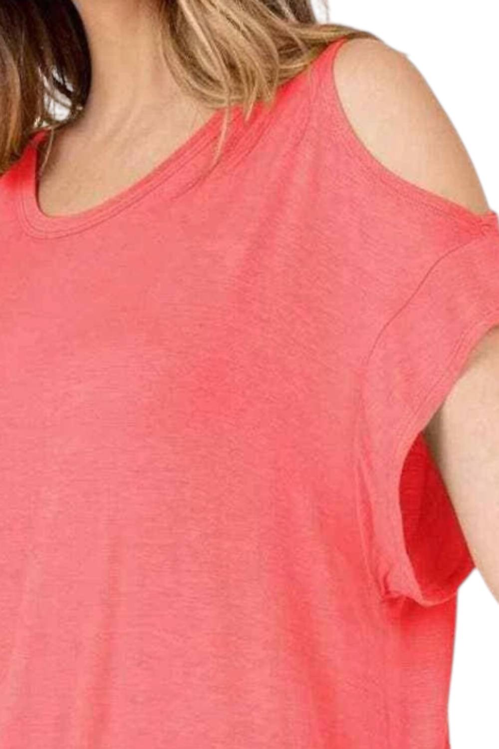 Shop Basic - Cold Shoulder Rolled Short Sleeve Round Neck Top With Side Slits - clothing - pink - rayon